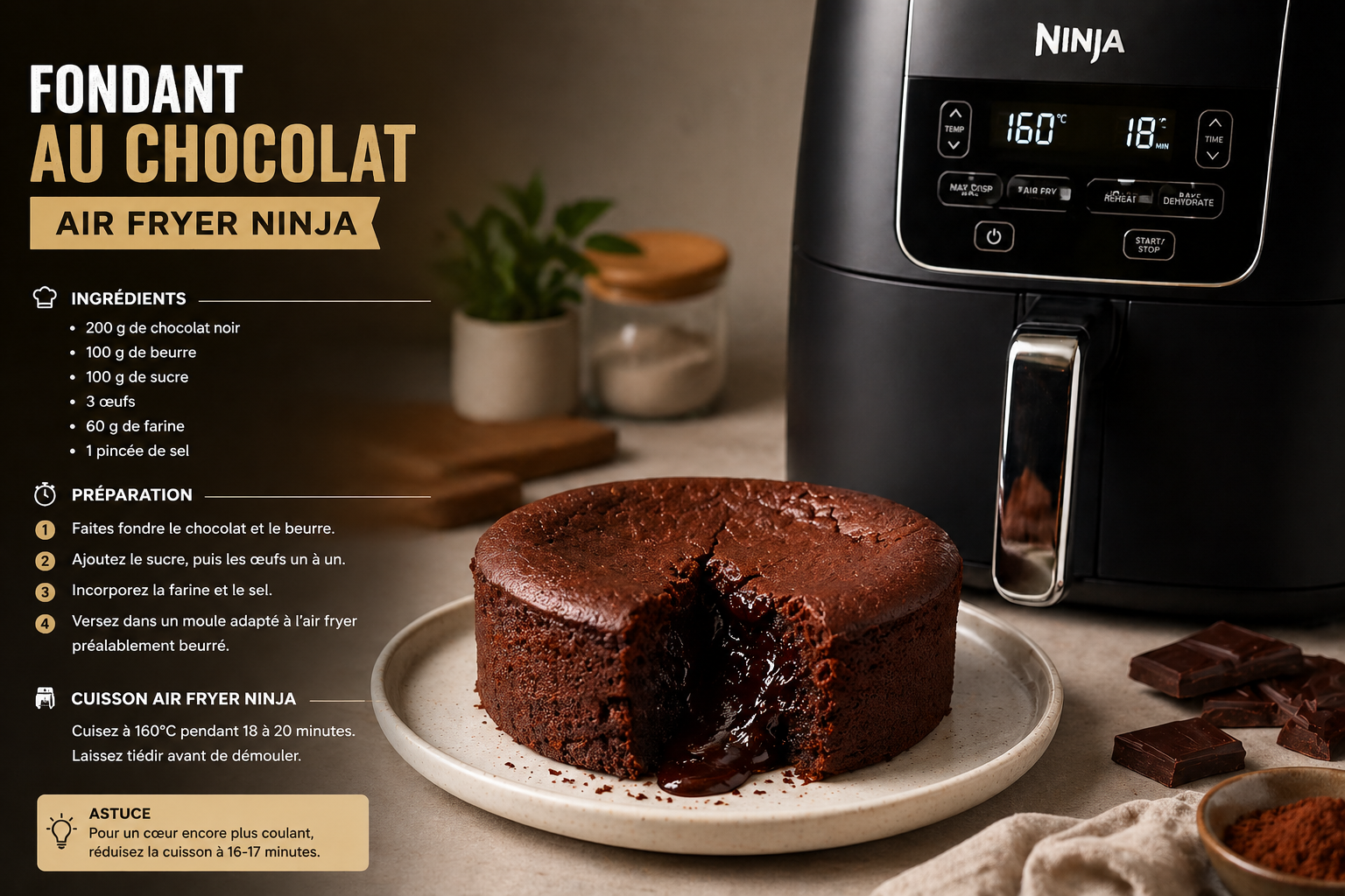Découvrez comment réussir un fondant au chocolat parfait et moelleux en utilisant votre air fryer Ninja, facile et rapide à préparer chez vous.