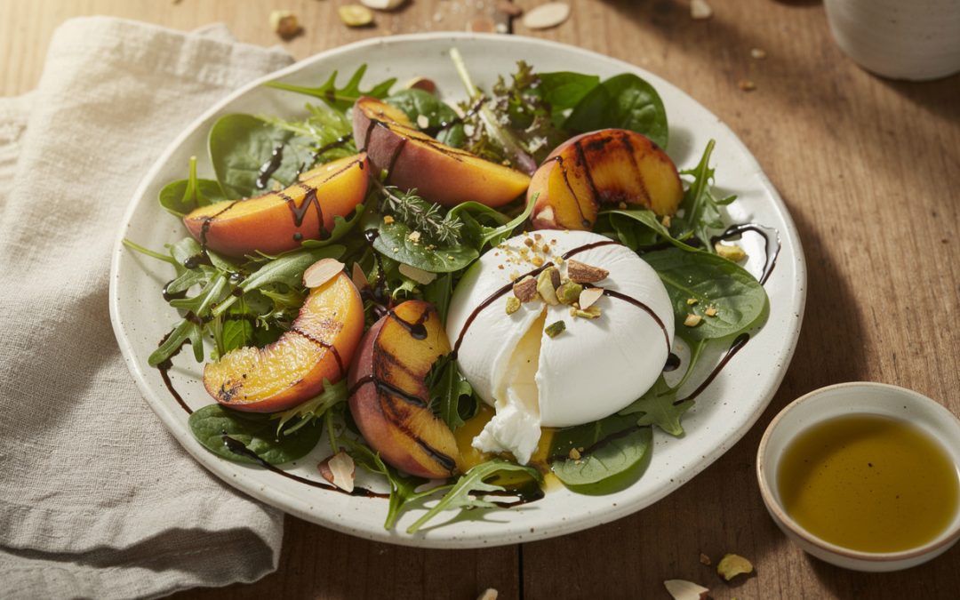 Salade pêche rôtie burrata : la recette fraîche et gourmande à découvrir